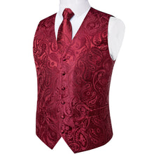 Red Paisley Jacquard V Neck Waistcoat Vest Tie Handkerchief Cufflinks Clip Pin Set