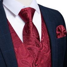 Men's Classic Red Floral Jacquard Silk Waistcoat Vest Tie Handkerchief Cufflinks Suit Set