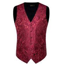 Red Paisley Jacquard V Neck Waistcoat Vest Tie Handkerchief Cufflinks Clip Pin Set