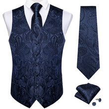 Blue Paisley Jacquard Silk Waistcoat Vest Necktie Handkerchief Cufflinks Set
