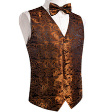 Dark Golden Floral Jacquard Waistcoat Vest BowTie Handkerchief Cufflinks Set