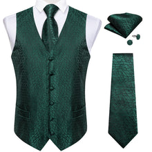 Green Solid Silk Waistcoat Vest Tie Pocket Square Cufflinks Set