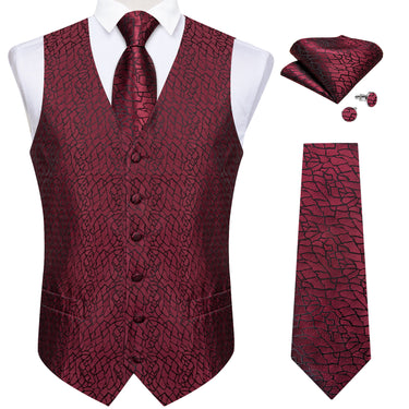 Bright Red Solid Silk Waistcoat Vest Necktie Handkerchief Cufflinks Set