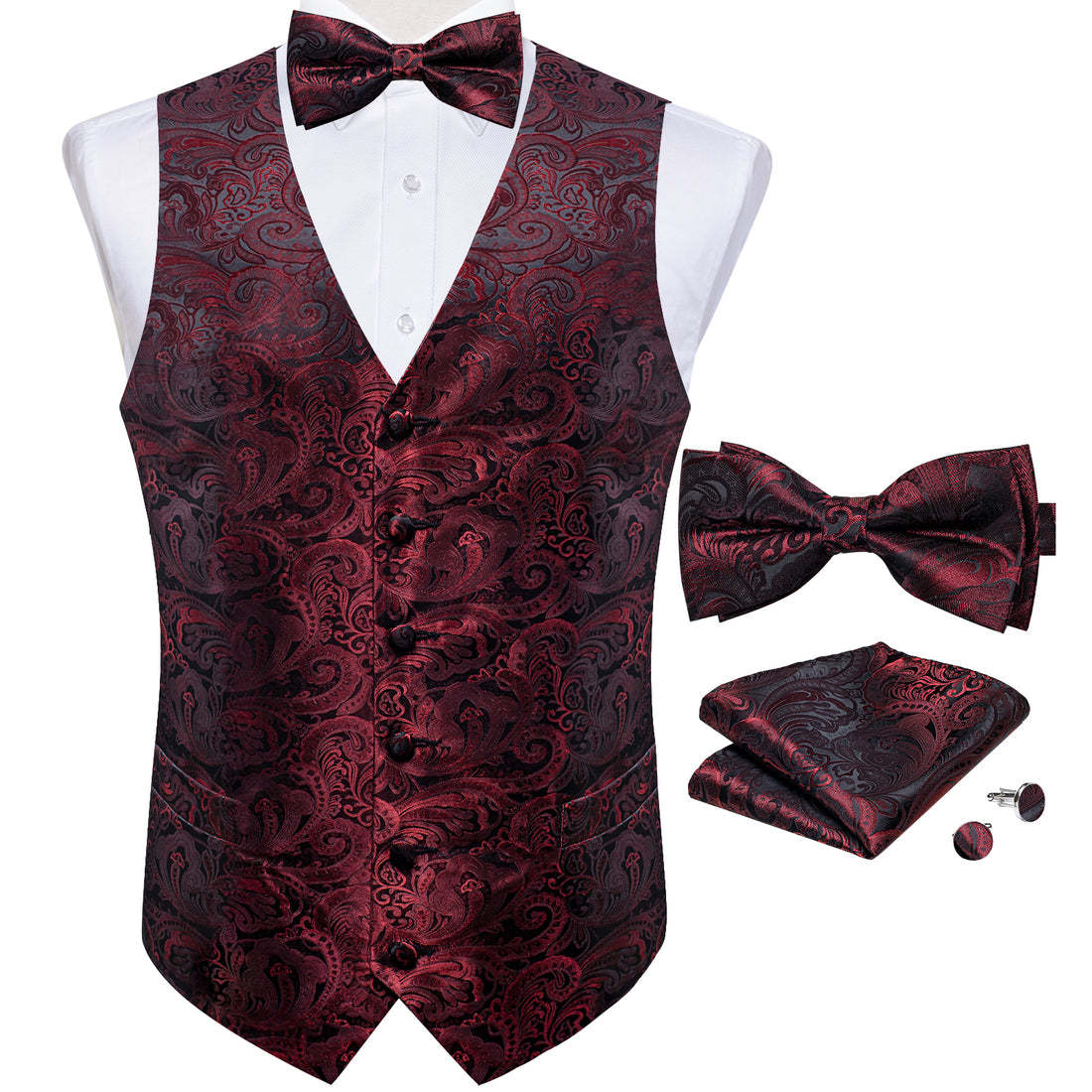 Claret Floral Jacquard Silk Waistcoat Vest Bowtie Handkerchief Set