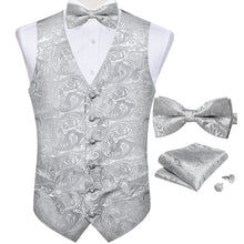 Silver Paisley Jacquard Silk Waistcoat Vest Bowtie Handkerchief Cufflinks Set