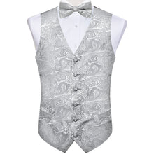 Silver Paisley Jacquard Silk Waistcoat Vest Bowtie Handkerchief Cufflinks Set