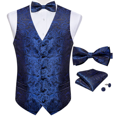 Blue Floral Jacquard Silk Vest Bowtie Handkerchief Cufflinks Suit Set
