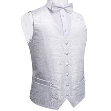 Fashion White Paisley Jacquard Silk Vest Bowtie Handkerchief Cufflinks