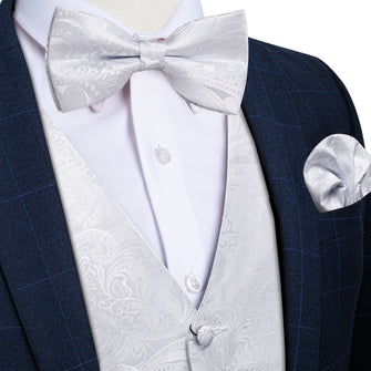 fashion floral paisley white tuxedo vest bow tie pocket square cufflinks set