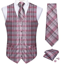 Casual Pink Grey Lattice Silk Waistcoat Vest Tie Pocket Square Cufflinks Set