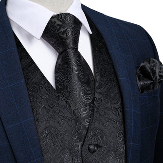 Black Floral Jacquard Silk Waistcoat Vest Tie Handkerchief Cufflinks Set