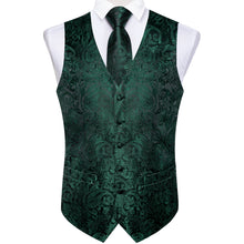 Green Floral Jacquard Silk Waistcoat Vest Necktie Handkerchief Cufflinks Set