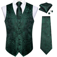 Green Floral Jacquard Silk Waistcoat Vest Necktie Handkerchief Cufflinks Set
