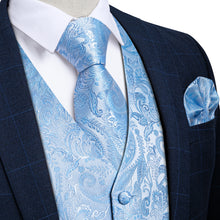 Paisley Jacquard Silk Waistcoat Vest Necktie Handkerchief Cufflinks Set in Blue