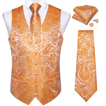 Orange Knit Paisley Jacquard Silk Waistcoat Vest Necktie Handkerchief Cufflinks Set