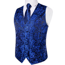 Classy Blue Paisley Jacquard Silk Waistcoat Vest Necktie Handkerchief Cufflinks Suit Set