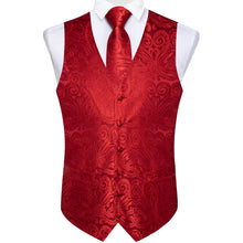 Men's Classic Red Floral Jacquard Silk Waistcoat Vest Tie Handkerchief Cufflinks Suit Set