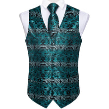 New Teal Floral Jacquard Silk Waistcoat Vest Necktie Handkerchief Cufflinks Suit Set