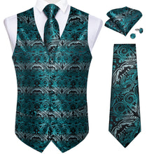 Teal Floral Jacquard Silk Waistcoat Vest Necktie Handkerchief Cufflinks Suit Set