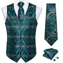 Teal Floral Jacquard Silk Waistcoat Vest Necktie Handkerchief Cufflinks Suit Set