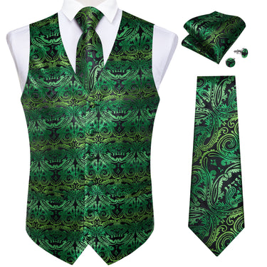Hot Green Paisley Jacquard Silk Waistcoat Vest Tie Pocket Square Cufflinks Set