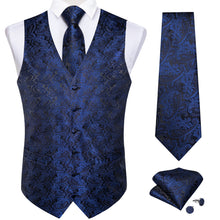 Casual Floral Jacquard Silk Waistcoat Vest Necktie Handkerchief Cufflinks in Blue