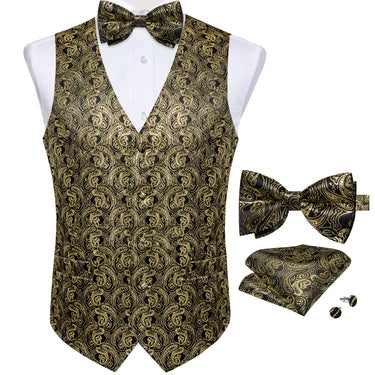 Men's Golden Paisley Jacquard Silk Waistcoat Vest Bowtie Handkerchief Cufflinks Set
