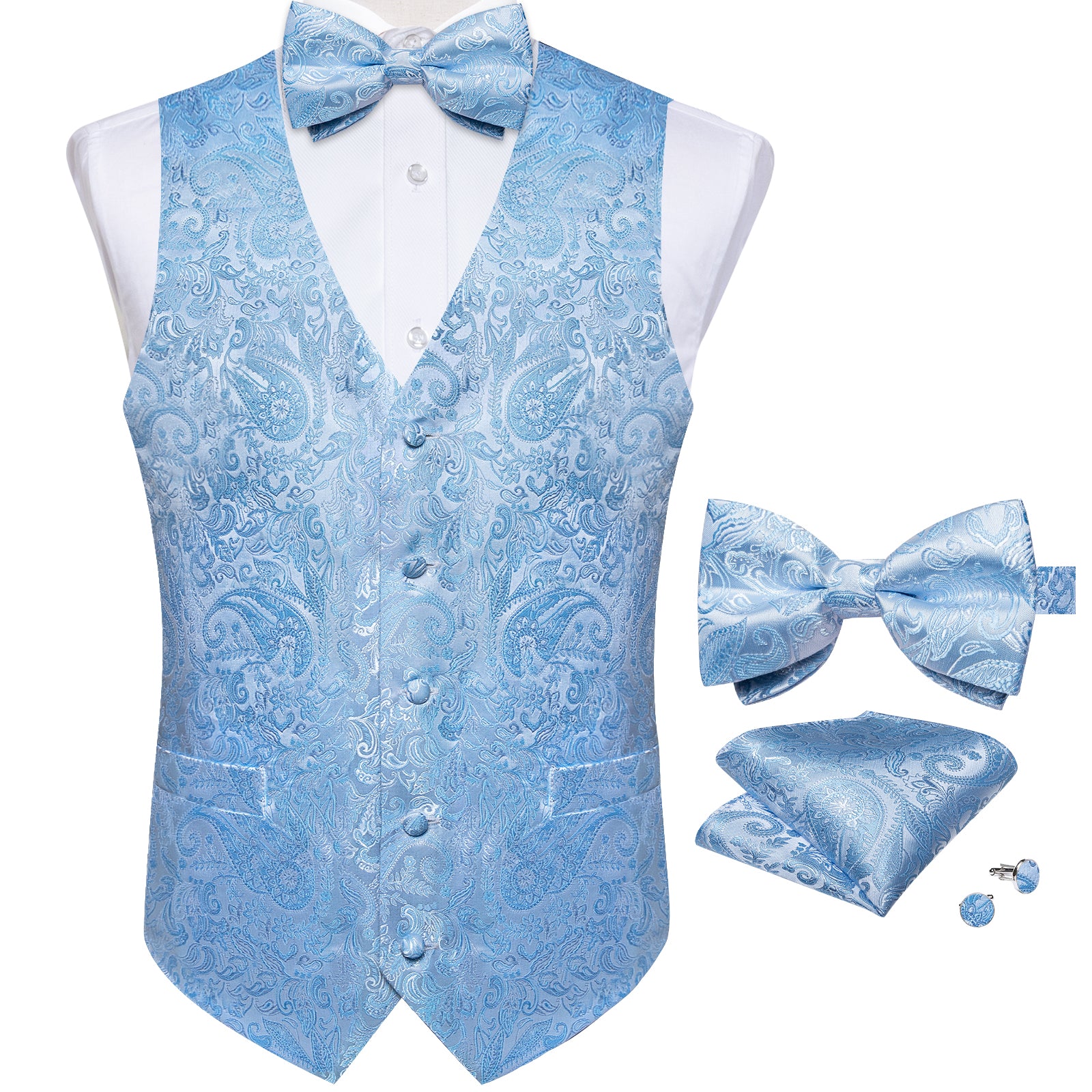 Sophisticated and elegant paisley floral mens casual blue vest pre-tied bow tie handkerchief cufflinks set