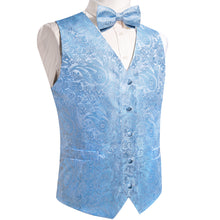Blue Paisley Jacquard Silk Waistcoat Vest Bowtie Pocket Square Cufflinks Set