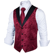 Red Paisley Jacquard V Neck Waistcoat Tie Handkerchief Cufflinks Vest Necktie Ring Set