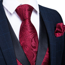 Red Paisley Jacquard Silk V Neck Vest Necktie Pocket square Cufflinks Lapel Pin Set