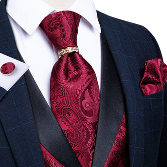 Red Paisley Jacquard V Neck Waistcoat Tie Handkerchief Cufflinks Vest Necktie Ring Set