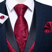 Red Paisley Jacquard V Neck Waistcoat Vest Tie Handkerchief Cufflinks Set
