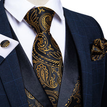 Black Golden Paisley Jacquard Silk Vest Necktie Pocket square Cufflinks Ring Set