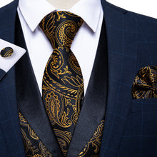 Black Gold Paisley Jacquard V Neck Waistcoat Vest Tie Handkerchief Cufflinks Set
