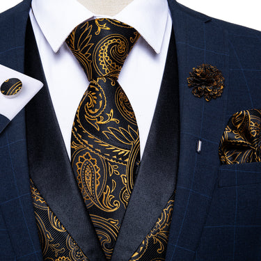 Black Golden Paisley Jacquard Silk V Neck Vest Necktie Pocket square Cufflinks Lapel Pin Set