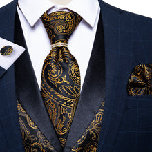Black Golden Paisley Jacquard Silk Vest Necktie Pocket square Cufflinks Ring Set