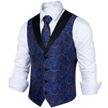 Blue Paisley Jacquard V Neck Waistcoat Vest Tie Handkerchief Cufflinks Set
