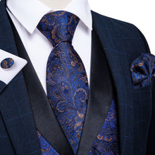 Blue Paisley Jacquard V Neck Waistcoat Tie Handkerchief Cufflinks Vest Necktie Ring Set