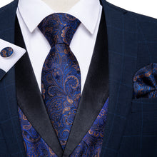 Blue Paisley Jacquard V Neck Waistcoat Tie Handkerchief Cufflinks Vest Necktie Ring Set