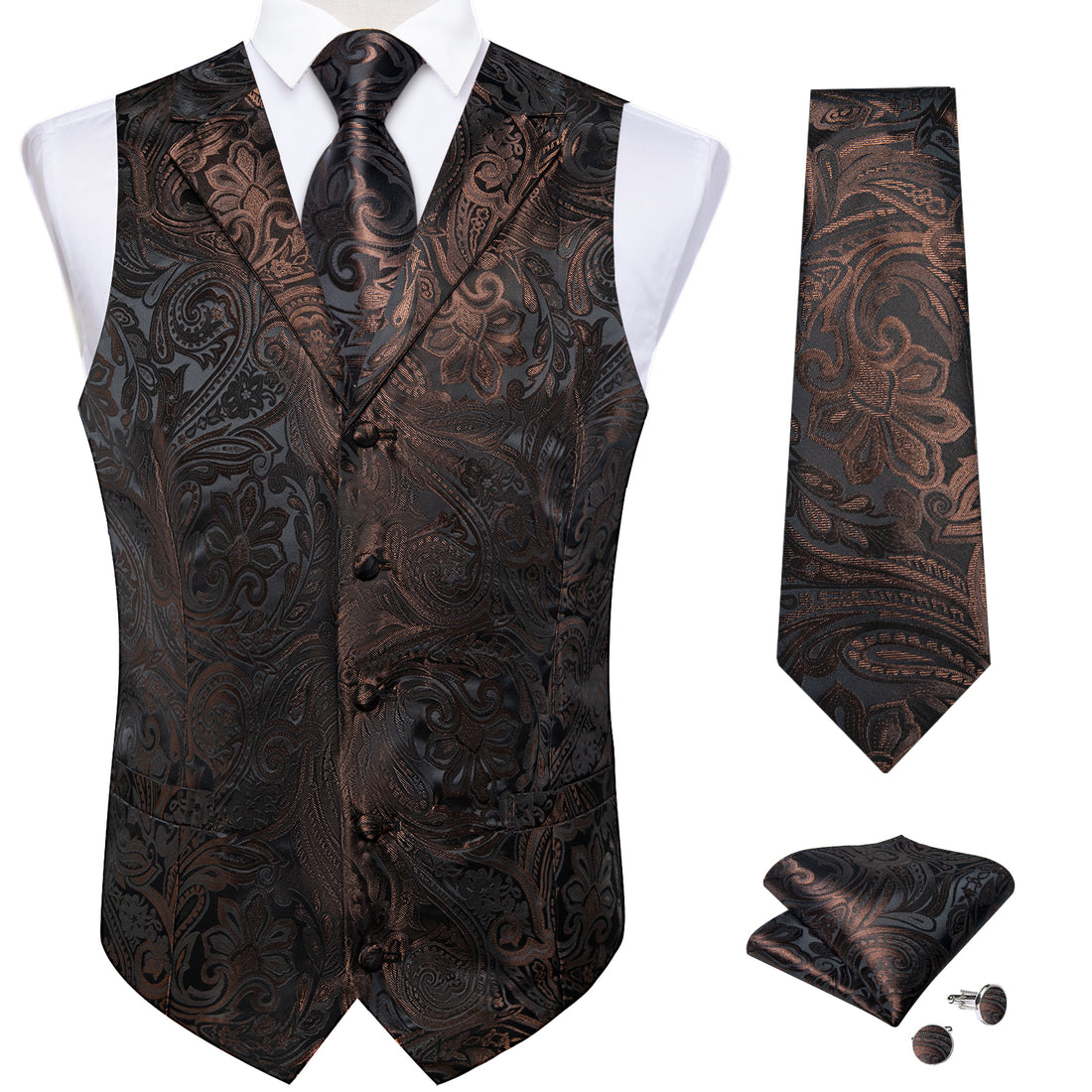 Claret Floral Jacquard V Neck Waistcoat Vest Necktie Handkerchief Cufflinks Set