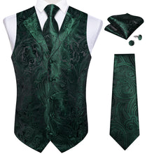 Green Floral Jacquard V Neck Waistcoat Vest Necktie Pocket Square Cufflinks Set