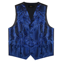 Blue Floral Jacquard V Neck Waistcoat Vest Tie Handkerchief Cufflinks Set