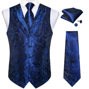 Blue Floral Jacquard V Neck Waistcoat Vest Tie Handkerchief Cufflinks Set