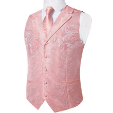Pink Floral Jacquard V Neck Waistcoat Vest Tie Pocket Square Cufflinks Set