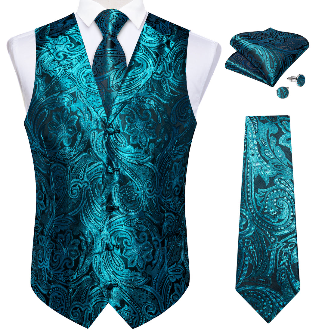 Teal Floral Jacquard V Neck Waistcoat Vest Necktie Handkerchief Cufflinks Set
