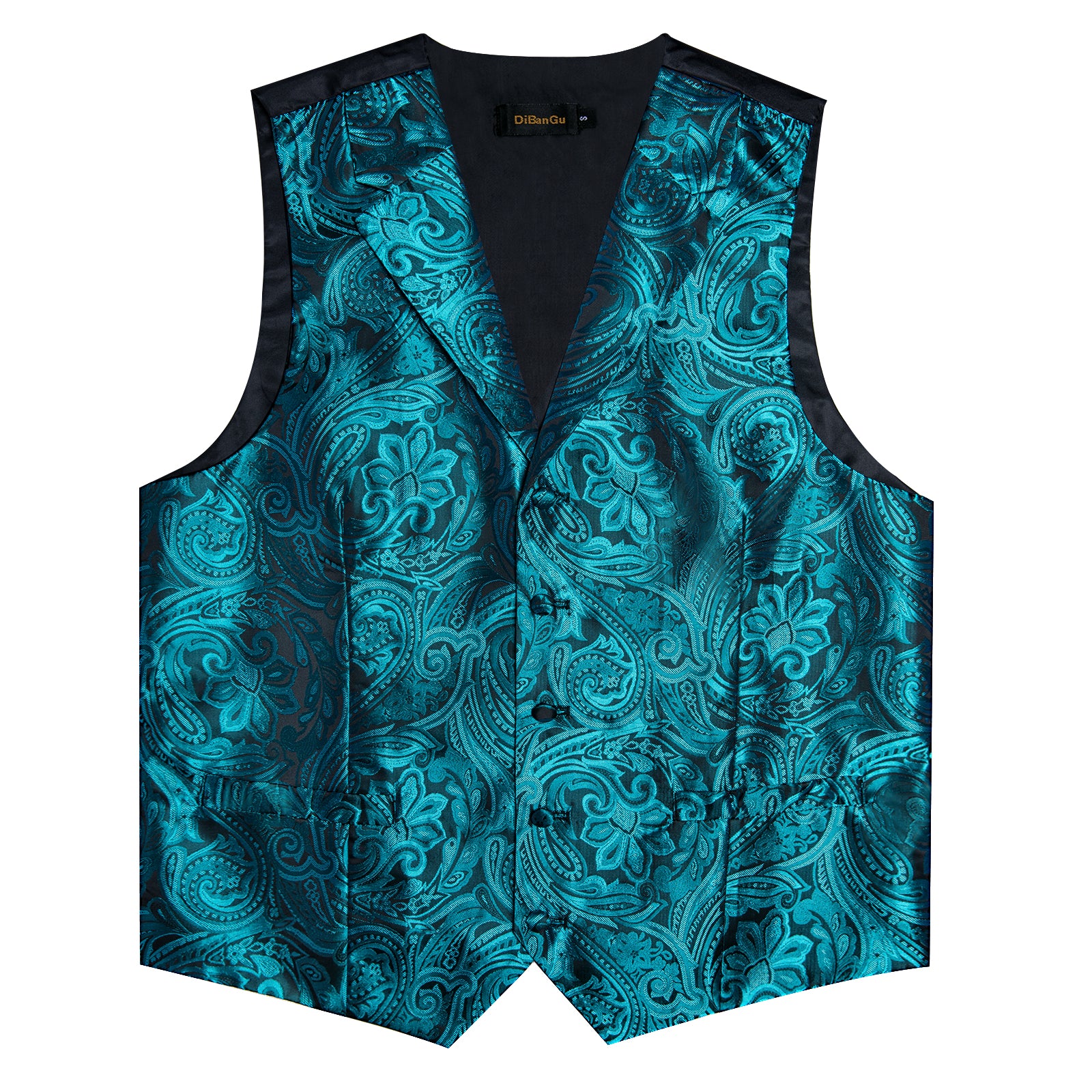 Teal Floral Jacquard V Neck Waistcoat Vest Necktie Handkerchief Cufflinks Set