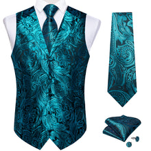 Teal Floral Jacquard V Neck Waistcoat Vest Necktie Handkerchief Cufflinks Set
