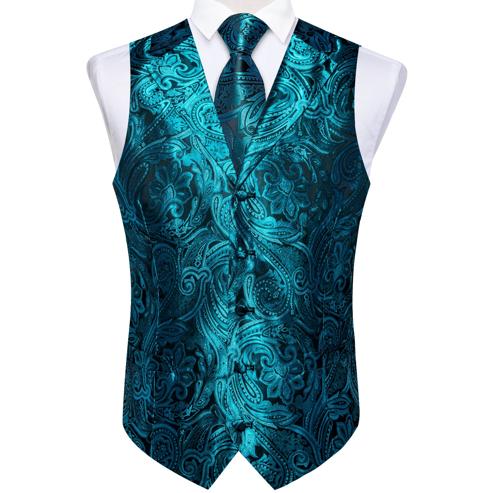 Teal Floral Jacquard V Neck Waistcoat Vest Necktie Handkerchief Cufflinks Set