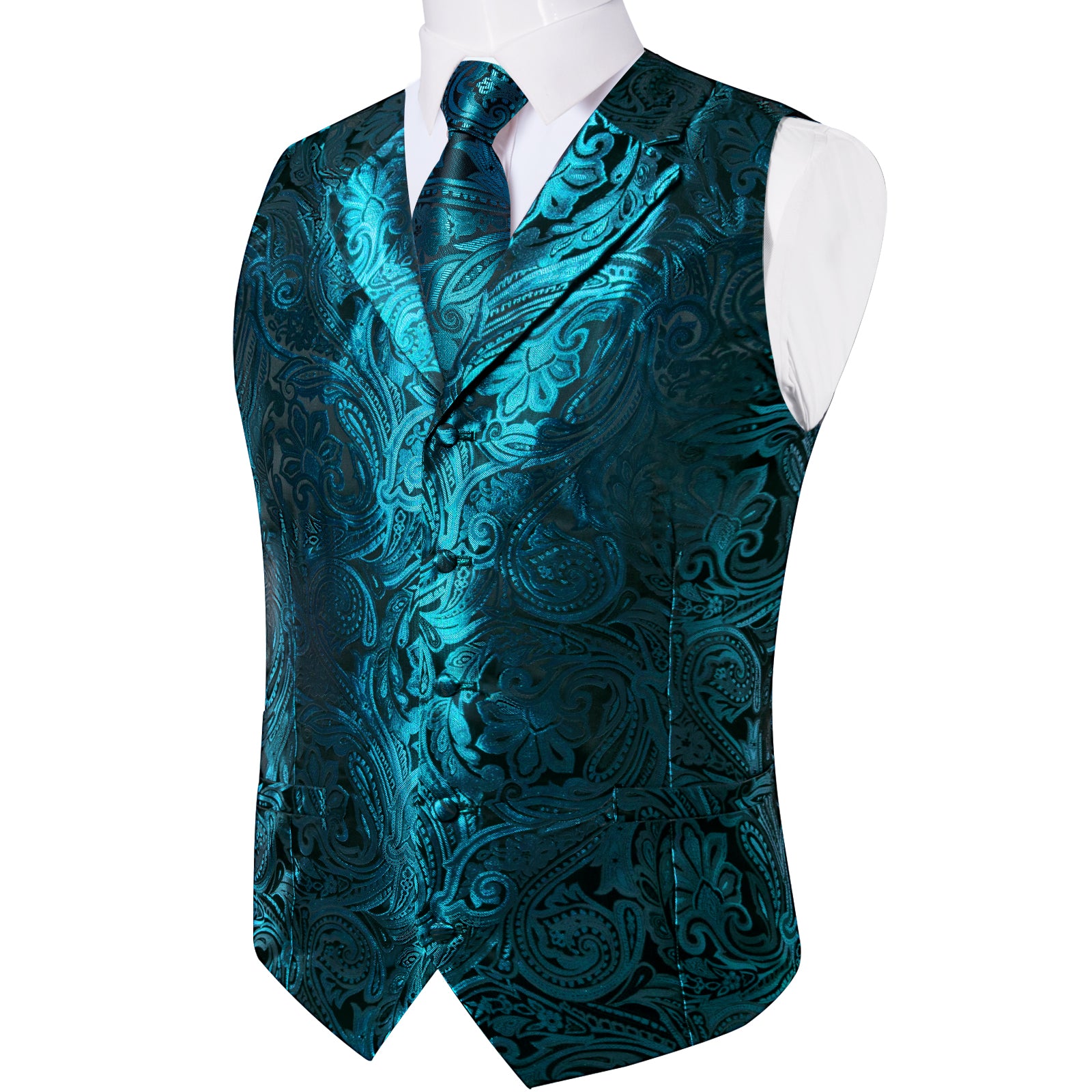 Teal Floral Jacquard V Neck Waistcoat Vest Necktie Handkerchief Cufflinks Set